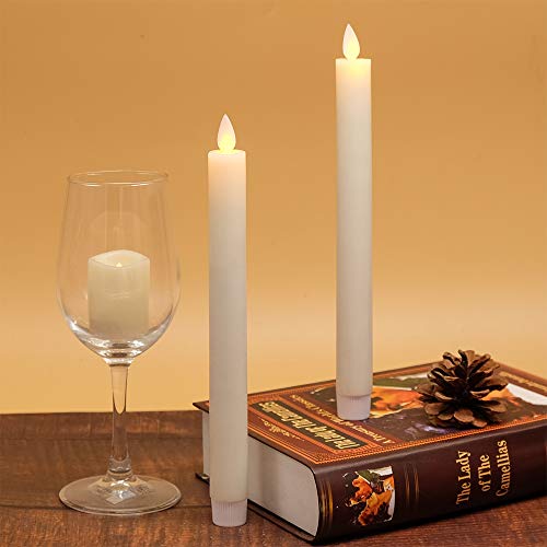 DRomance Flameless Taper Candles with Remote and Timer, Moving Wick LED Flickering Window Candles Battery Operated 0.78 x 9.5 Inches Real Wax Amber Yellow Christmas Window Decoration Set of 2(Ivory)