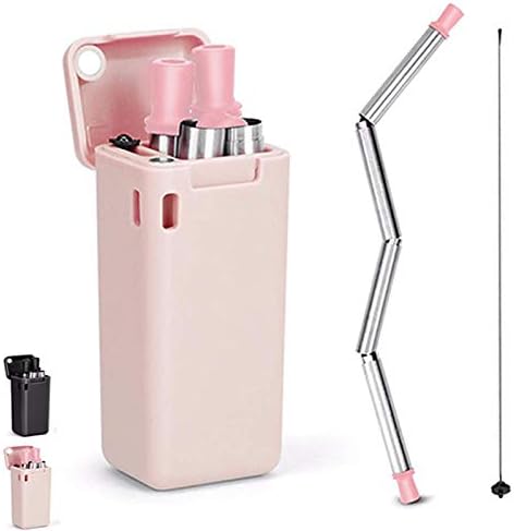 Reusable Drinking Straw.Collapsible Stainless Steel Portable Straws with Free Key-Chain, Cleaning Brush and Strong Hard Casing. Fold-able Straws for Beverages, Travelling, Household, Outdoor. (Pink)