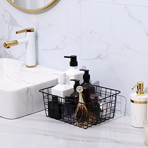 REFSAVER Wire Basket for Organizing 4 Pack Pantry Storage Baskets Small Mental Cabinet Shelf Black Organizer Bins for Office,Bathroom,Pantry,Closets