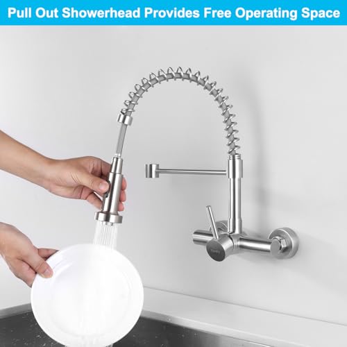 Tondiy Wall-Mounted Kitchen Tap with Flexible Spout, Sink Mixer Tap with 2 Jet Types, Hot and Cold Water Taps 360° Rotating, SUS304 Stainless Steel, Removable Aerator Brushed