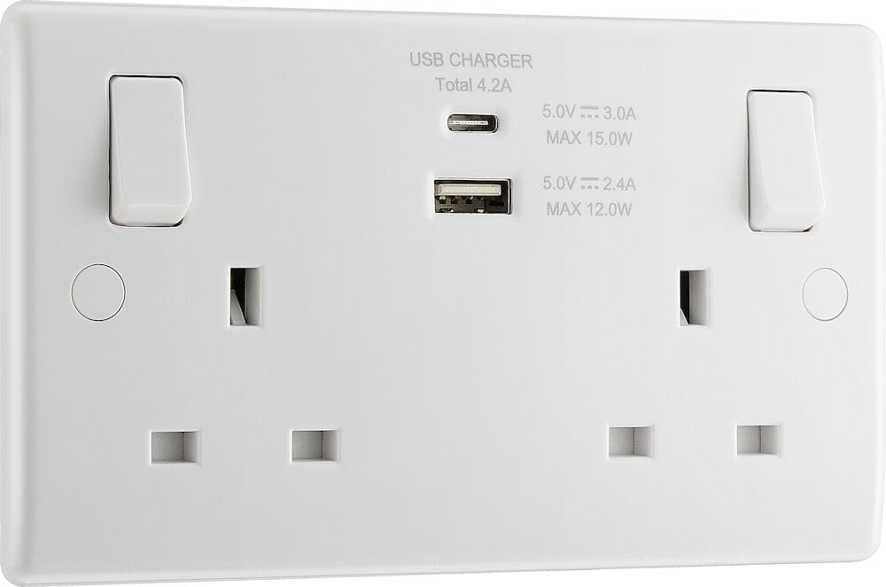 BG Electrical 822UAC Double Switched Fast Charging Power Socket with Type A and C USB Charging Ports, 13 A, White Moulded with Coloured Switch Tabs