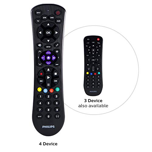 Philips Universal Remote Control for Samsung, Vizio, LG, Sony, Sharp, Roku, Apple TV, RCA, Panasonic, Smart TVs, Streaming Players, Blu-ray, DVD, Simple Setup, 4-Device, Black, SRP9243B/27