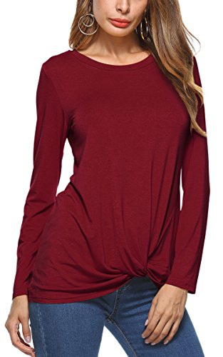 ECOWISH Womens Long Sleeve Round Neck Tie T-Shirt Blouse Twist Knot Front Loose Casual Solid Tops