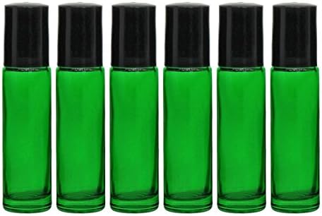 Roll-on Glass Bottles,6 PC 10ml (1/3oz) and 1ml Dropper Included, Empty Aromatherapy Essential Oils, Perfume Bottles, Refillable Bottles Slim with Metal Ball and Black Plastic Lid (Green)
