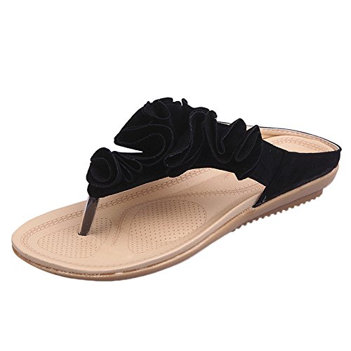 Women's Casual Sandals,Sunyastor Lady Summer Beach Flip Flops Outdoor Slippers Casual Flat Shoes Lady Pretty Floral Sandals Black