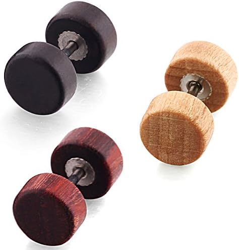 Lianjie Diameter 8mm 3 Piars Stud Earrings Set for Women Men Ear Plugs Piercings Wood Fake Tunnel Earrings Set