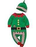 MowMee Baby Girls Boys Christmas Long Sleeve Striped Romper with a Hat (70(0-6M), Green)