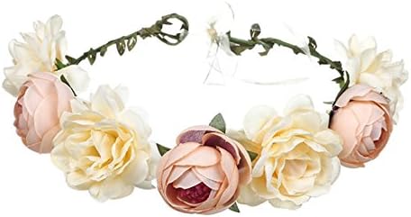 June Bloomy Women Rose Floral crown Hair Wreath Leave Flower Headband With Adjustable Ribbon (champagne)