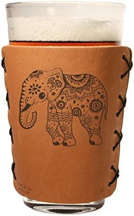 OOWEE: Leather Pint Glass Holder - Elephant Mandala Logo - Leather Pint Sleeve - Genuine Leather Glass Wrap - Made for 16-oz Pint Glass - Sleeve Only