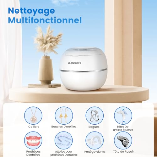 SEANCHEER Ultrasonic Cleaner 48000Hz Dental Pod | 180ML | Portable Mini Ultrasonic Cleaner with UV Lamp for | Dental Prosthetic | Dental Gutter | Bruxism | Aligner | Retainer | (White)