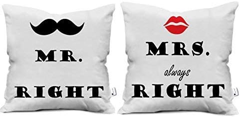 Gemshop Factorywala Mr. Mrs. Right Print Satin/Cotton Cushion Cover Case -12 X 12- Set Of 2 Pcs