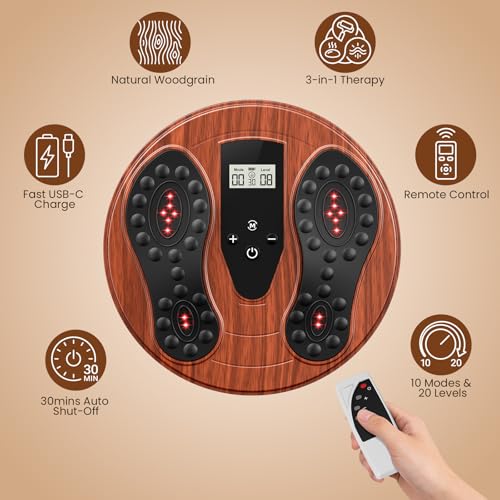 Medic Circulation Machine Blood Booster for Feet and Legs, EMS Muscle Stimulator with Red Light Therapy (660 nm + 850 nm), Electric Foot Massagers for Pain and Circulation with 4 TENS Electrode Pads