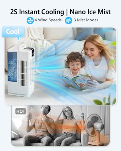 Aiorber Portable Mini Air Conditioner: Water Cooling Fan, 2000ml Tank, 120° Oscillation, 4 Speeds, LED, Timer + Remote Control, No Drain Tube for Home/Office