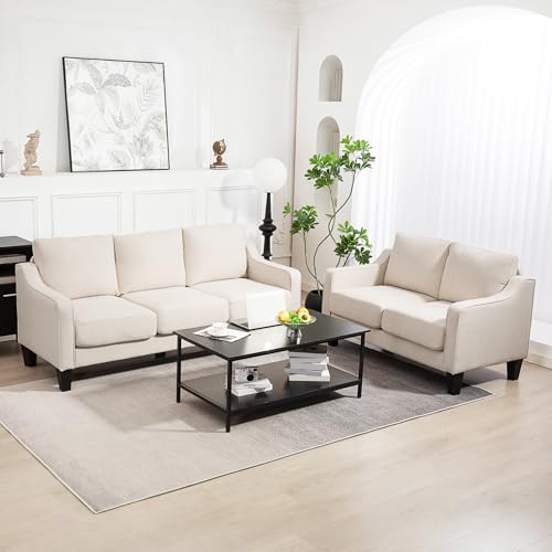 HOMCOM 3 Seater Sofa, Modern Couch with Pocket Spring, Linen Upholstered Sofa with Thick Padded for Living Room, Home Office, Beige