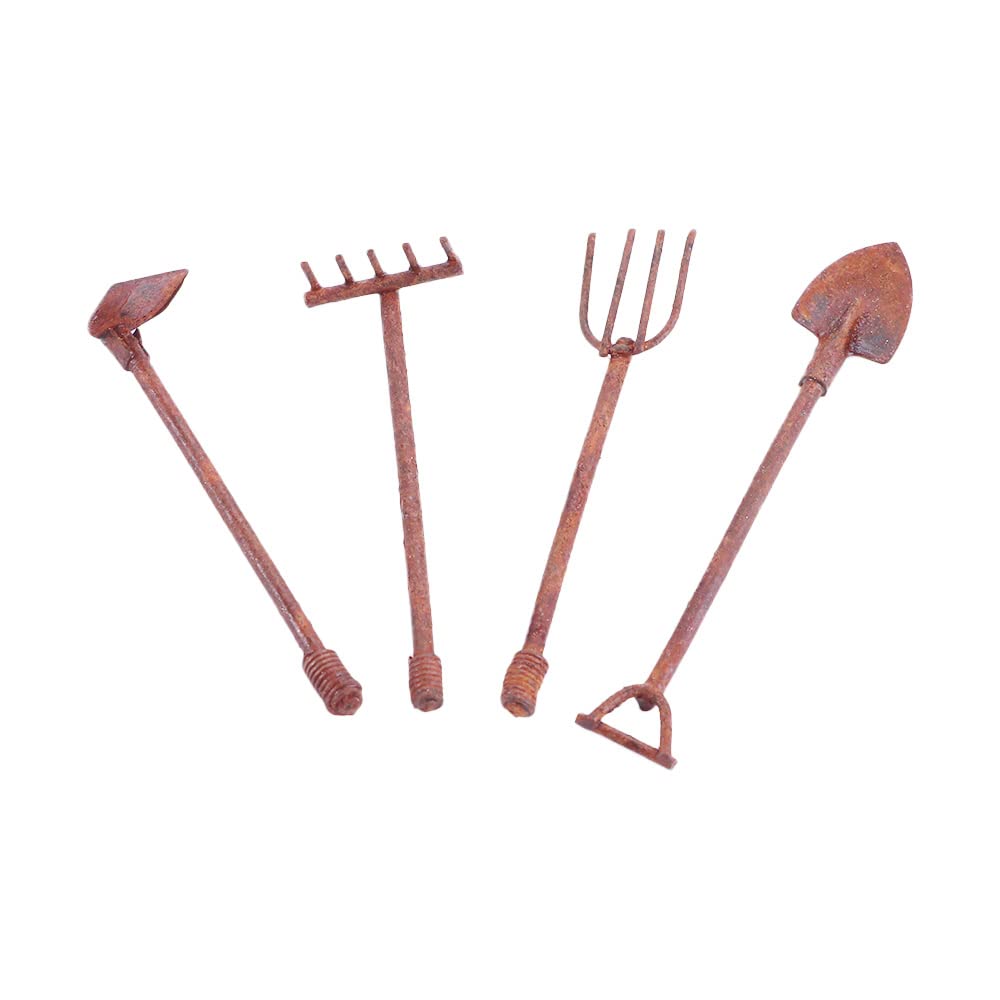 Photo 1 of 4 Pcs/Set Miniature Dollhouse Garden Tools 1:12 Mini Rusty Shovel Hoe and Pitchfork Fairy Garden Accessories Furniture Ornaments Micro Landscape Decor (1.96~2.16Inch Long x 0.39Inch Wide)
