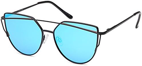 QINKY Womens Cat Eye Aviator Metal Frame Cross Bar Sunglasses with Mirror Flash Flat Lens