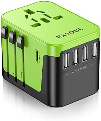 RXSQUL International Power Adapter, Universal Power Travel Adapter, W/5.6A 4USB+3.0A Type C , European Plug Adapter Converter,USB Wall Charger for Europe Canada UK US AUS Cell Phone -Green