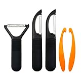 GikPal Fruit Vegetable Peelers - 3 Piece Peelers Set (Straight, Serrated, Julienne Blades) - Razor-sharp Stainless Steel Blade Silicone Handle included 2 Piece Citrus Peelers (orange),Set of 5
