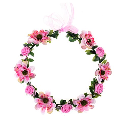 June Bloomy Rose Flower Leave Crown Bridal Halo Headband with Adjustable Ribbon (Pink)