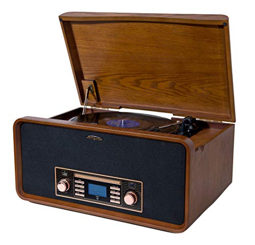 Moncoustics Vinyl Record Player Classic Turntable Natural Wood Veneer Stereo System with FM, CD, USB for MP3, Vinyl-to-MP3 Recording & AUX Input for Smartphones & Tablets and Line Out (MO904)
