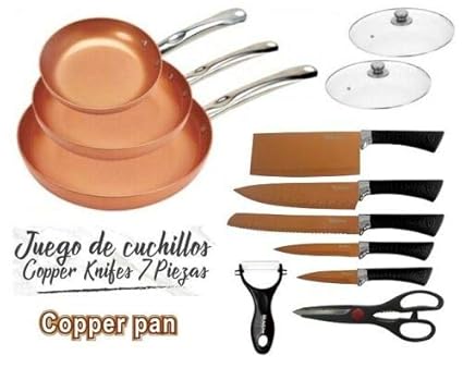 Maxell Power CE Juego DE 3 SARTENES 2 Tapas Cuchillos Tijeras Color Cobre Copper Pan Apto