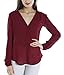 Womens V Neck Long Sleeve Ruffled Shoulder Solid Chiffon Blouse (Small, Wine Red)