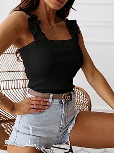 Remidoo Women's Sleeveless Ribbed Knit Cami Tank Top - Frill Trim Strap Casual Summer Top