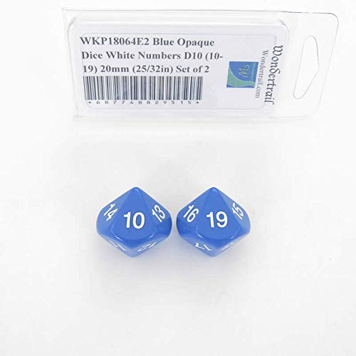 Blue Opaque Dice with White Numbers D10 (10-19) 20mm (25/32in) Set of 2 Wondertrail