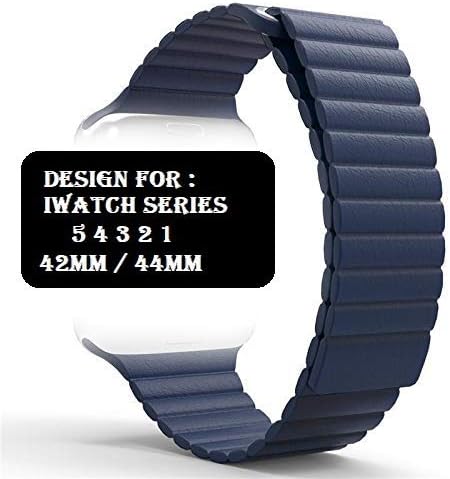 AE MOBILE ACCESSORIES Soft Cushioned Adjustable Grained Pure Leather Strap with Secure Magnetic Closure System Compatible with Apple Watch for Iwatch Series 5/4/3/2/1 (42mm-44mm, Navy Blue)