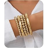 Fanquility 5Pcs Gold Beaded Bracelets 14K Gold Bracelets for Women Bracelet Stack Trendy Stretch Bead Bracelets Silver Bead Bracelet Dainty Jewelry for Women