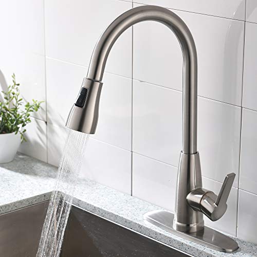 Hotis Modern High Arc 1 or 3 Hole Single Handle Stainless Steel Prep Sprayer Pull Out Pull Down Sprayer Kitchen Sink Faucet,Brushed Nickel with Deck Plate