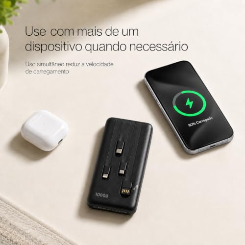 Power Bank Carregador Portátil Universal 10000mAh com Cabos Integrados USB-A, USB-C (Type-C), Micro-USB e USB-Light Carregamento Rápido Bateria Externa Compacta para Celular Android iOS