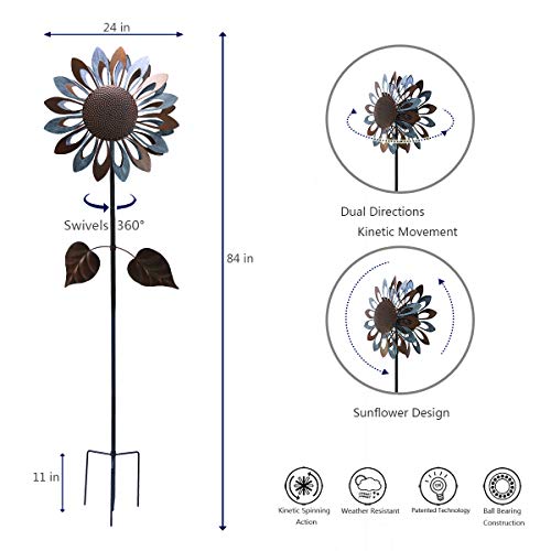 hourflik Sunflower Wind Spinners with Stake Metal Outdoor Copper Garden Spinner with