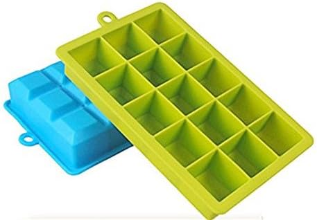 Silicone Ice Cube Tray, 2PCS Food Grade Silicone Ice Pop Trays Candy Molds,15 Frozen Huge Cubes Keep Cool for Hours (Blue, Green)