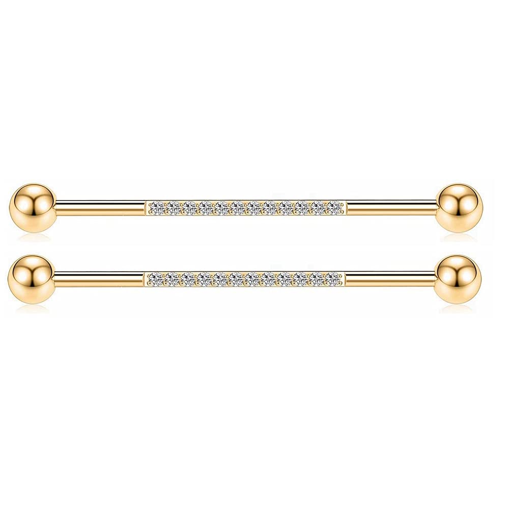 Hopply 14G Industrial Piercing Barbell Earring for Men & Women,Surgical Stainless Steel Piercing Helix-Conch Cartilage Earrings with CZ Body Piercing Jewelry 38mm 1 1/2 inch (Gold)