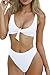 QINSEN White Front Knotted Active Crop Top High Waist Bikini Swimwear for Women M