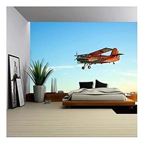 Red Vintage Airplane Flying Blue Sky - Canvas Art Wall Decor - 66"x96"