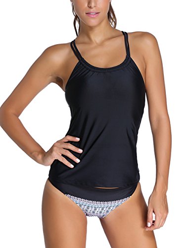 NuoReel Women's Two Piece Adjustable Sporty Racerback Tankini Swimsuit Set (US 12-14=Tag Size L, Black3)