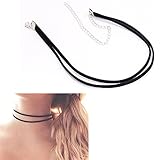 UdobuyPunk Gothic Double Layer Black Velvet PU Leather Chain Necklace Stretch Tattoo Choker Elastic Tassel Necklaces