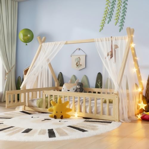 Mirightone Twin Floor Bed for Kids Tent-Shaped Montessori Floor Bed with Slats