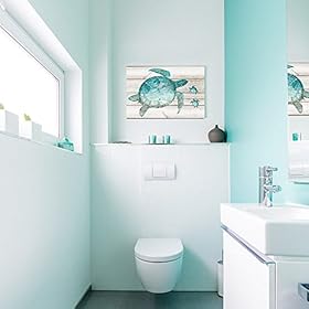 SUMGAR Sea Turtle Bathroom Decor Beach Themed Wall Art Ocean Coastal Pictures, Teal Blue Canvas Paintings Turquoise… 411W4fjV79L