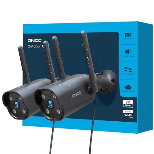 GNCC GT1Pro Kit 2 Outdoor WiFi Camera 2K, Fixed, IP65, Plug-in, Black | 2.4 GHz, IP65, 24/7, Motion Detection, Alexa Compatible, 110° Wide Angle, Two-Way Audio, SD/Cloud, Cable 3 m
