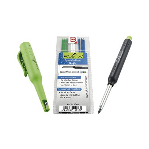 Pica 3030+4040 Dry Pen with Special Lead Base Set Carpenter's Pencil Green Blue White