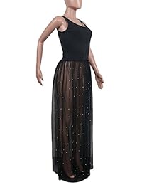 Vestido largo de malla transparente para dama, sin mangas, con perlas, con cuentas