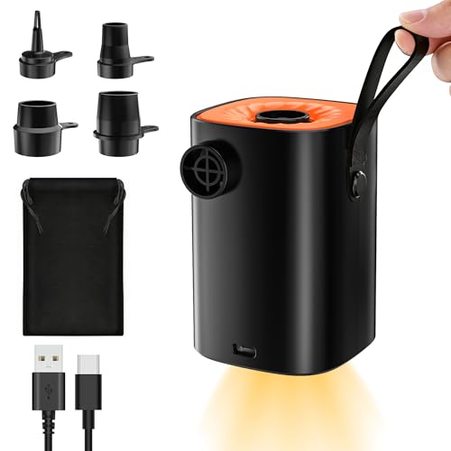 Electric Air Pump, 4000 mAh Battery Air Pump with LED Lighting/Hanging Hook/4 Air Nozzles, 5 kPa, 360 l/min for Air Mattress/Sleeping Mat/Inflatable Sofa/Paddling Pool/Pool/Vacuum Bag/Camping