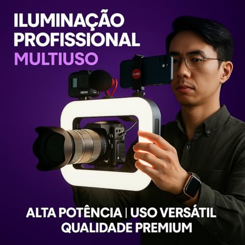 Ring Light Profissional e Suporte para Celular – Kit Iluminação LED para Vídeos, Lives, TikTok, Instagram, YouTube, Maquiagem e Gravação de Conteúdo Recarregável Premium