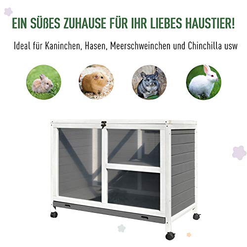 PawHut Kaninchenstall aus Holz Hasenstall mit 2 Etagen Freilaufgehege Rädern Klappdach Rampe Tablett, Winterfest Meerschweinchenstall Kleintierstall Kaninchenkäfig für Innen, 91,5 x 53,3 x 73 cm Grau – Bild 4
