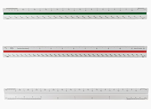 Aluminum Triangular Architect Scale — US Standard Imperial Scale 12" with protective ends and Color Coded Grooves - 6 Dimensions