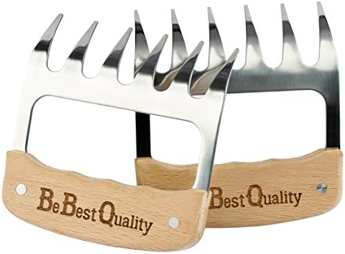 Meat Claws Stainless Steel Shredders – Pull, Handle, Carve BBQ Pulled Pork, Brisket, Turkey – BPA-Free Metal Forks and Wooden No-Slip Grips for Grill, Smoker, Crockpot by Be Best Quality, 2 Bear Claws