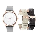 WRISTOLOGY Olivia Womens Rose Gold Crystal Boyfriend Watch Set 3 Straps Grey, Black Beige Leather Bands
